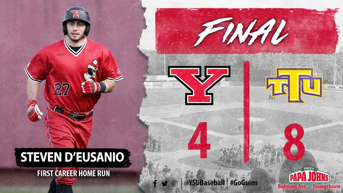 YSUBaseball's tweet photo. Final | Tennessee Tech 8, YSU 4

Trevor Wiersma finished 3-for-4 with 3 RBIs, and Steven D'Eusanio hit his first career HR.

#GoGuins🐧 https://t.co/pHkyyXhro6