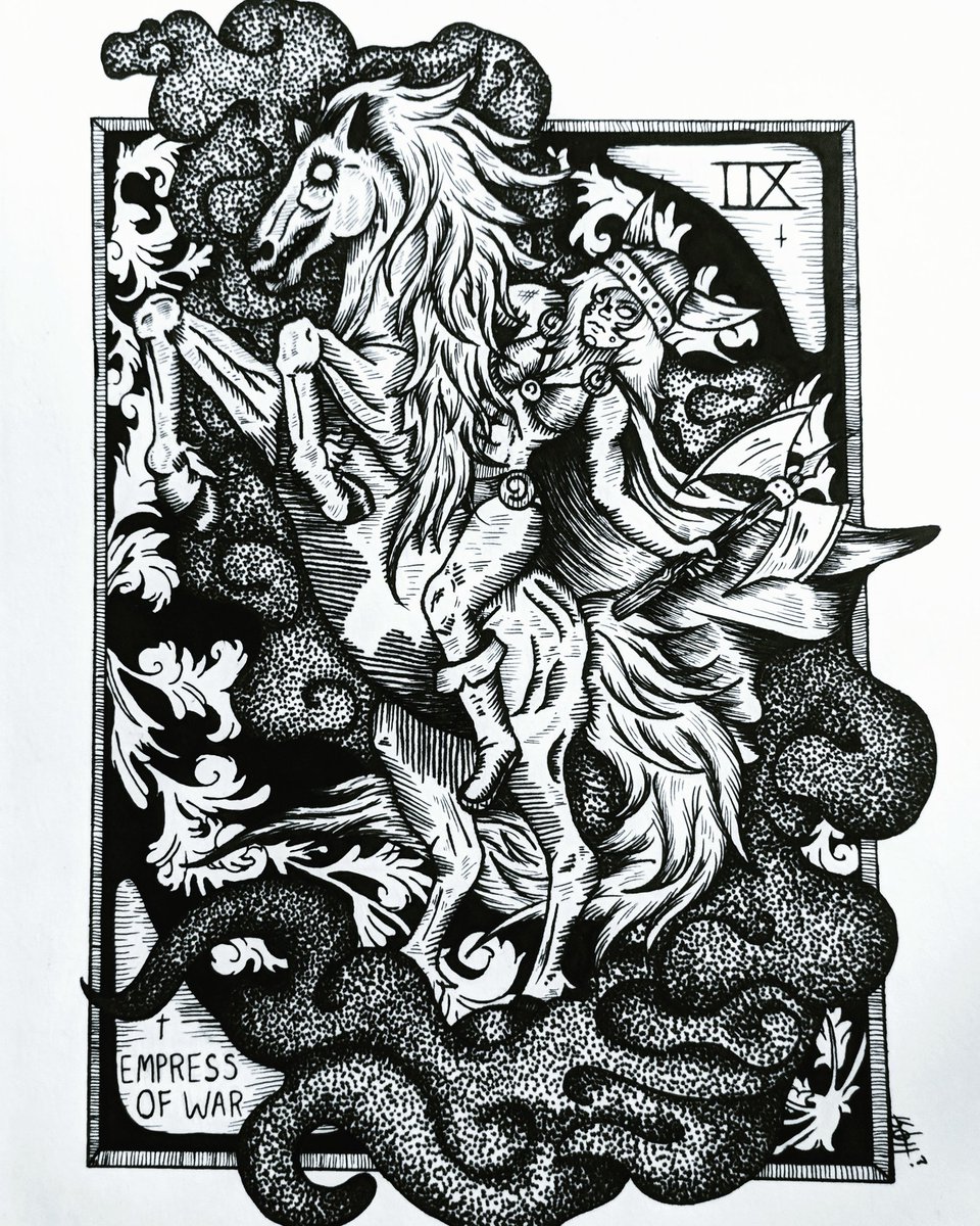 Fun tarot card piece I did 🖤

#blackart #art #artist #localartist #horsedrawing #viking #rearinghorse #drawing #linework #blacktattoo #tattoo #tarot #tarotcards #stippling #axe #filigree