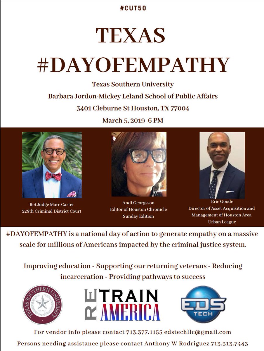 edstechnology's tweet image. We stand united with @cut_50 and criminal justice reform advocates focused on building empathy for those affected by mass incarceration. Join us in Houston. #Dayofempathy