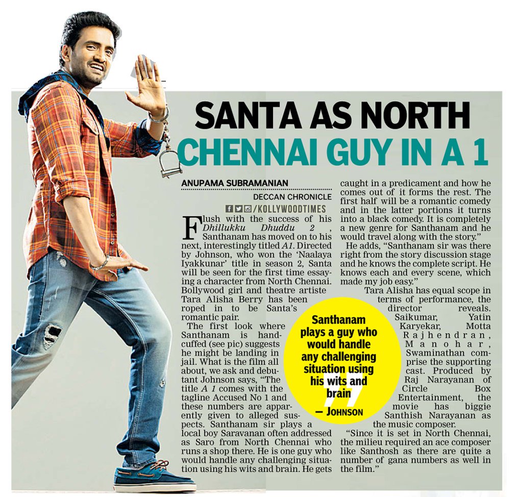 kollywoodtimes's tweet photo. Santa as North Chennai Guy in A1 !!

#A1 directed by #Johnsonk 

Starring @iamsanthanam &amp; #TaraAlishaBerry  

Music by @Music_Santhosh Visuals by @GopiJegadees77  Produced by @rajnarayanan11 @circleboxE #Circleboxentertainment       

#A1FirstLook @proyuvraaj https://t.co/KdpXvBVxoD