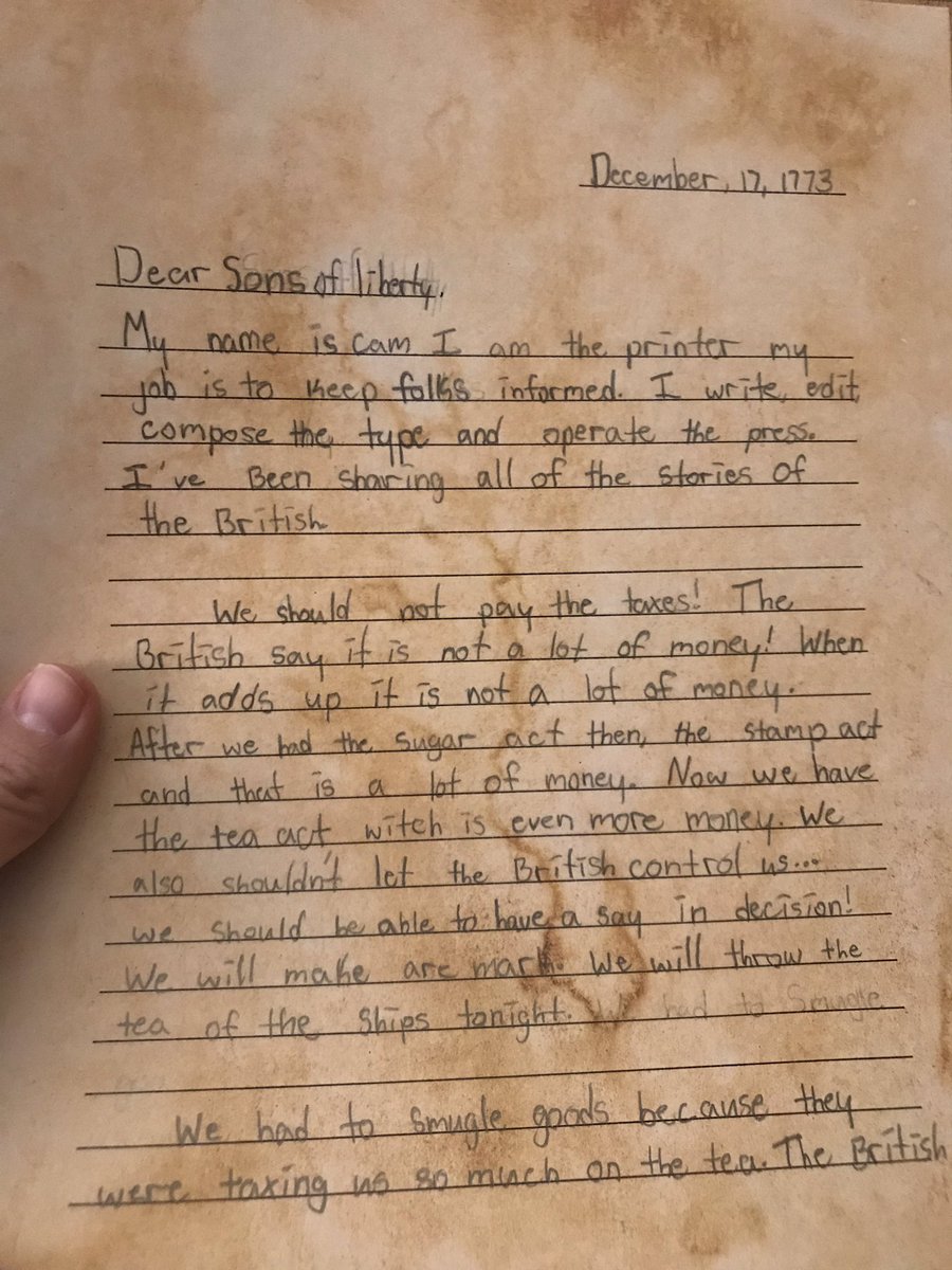 kstoryscotti's tweet photo. So proud of these students and all the knowledge they’ve gained in Module 3. They took on the role of a colonist and stated their opinion and perspective of the Boston Tea Party. @WitWisdomELA #colonialvoices #watchusgrow #fourthgraderwriters https://t.co/T12Zoivc0J