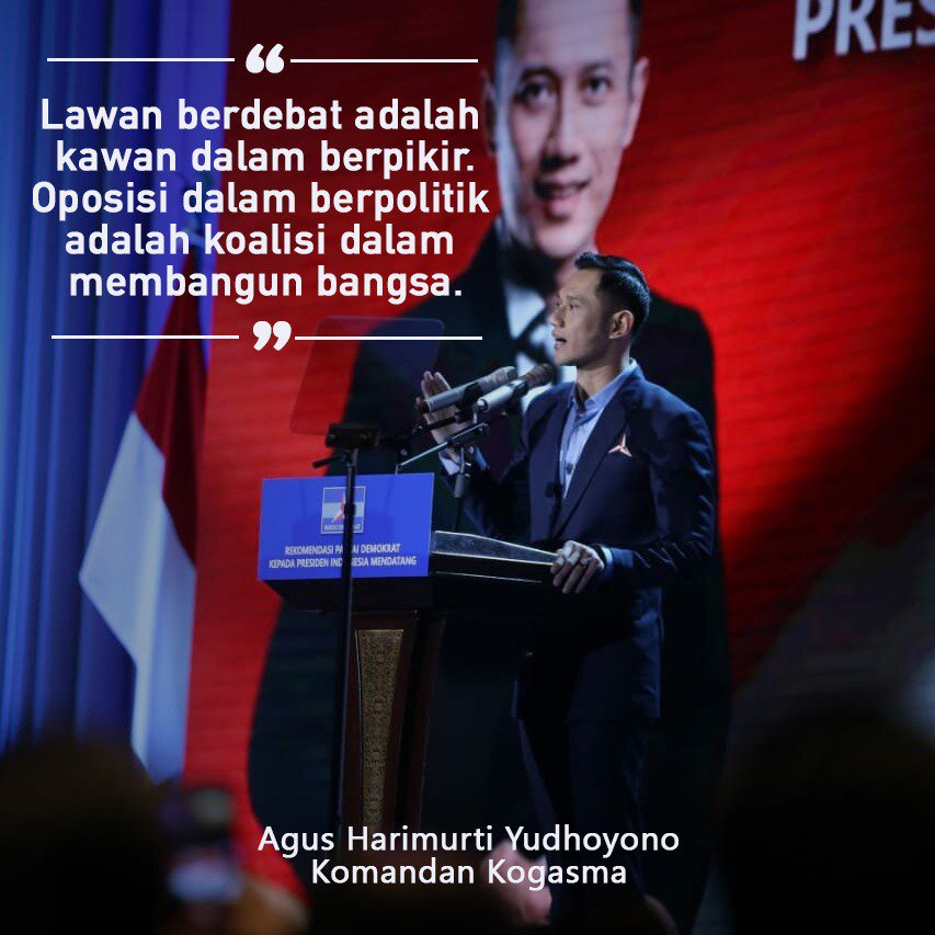 "...lawan berdebat adalah kawan dalam berpikir. Oposisi dalam berpolitik adalah koalisi dalam membangun bangsa..."
(Agus Harimurti Yudhoyono)

#DemokratS1️⃣4️⃣P 
Demokrat untuk Rakyat