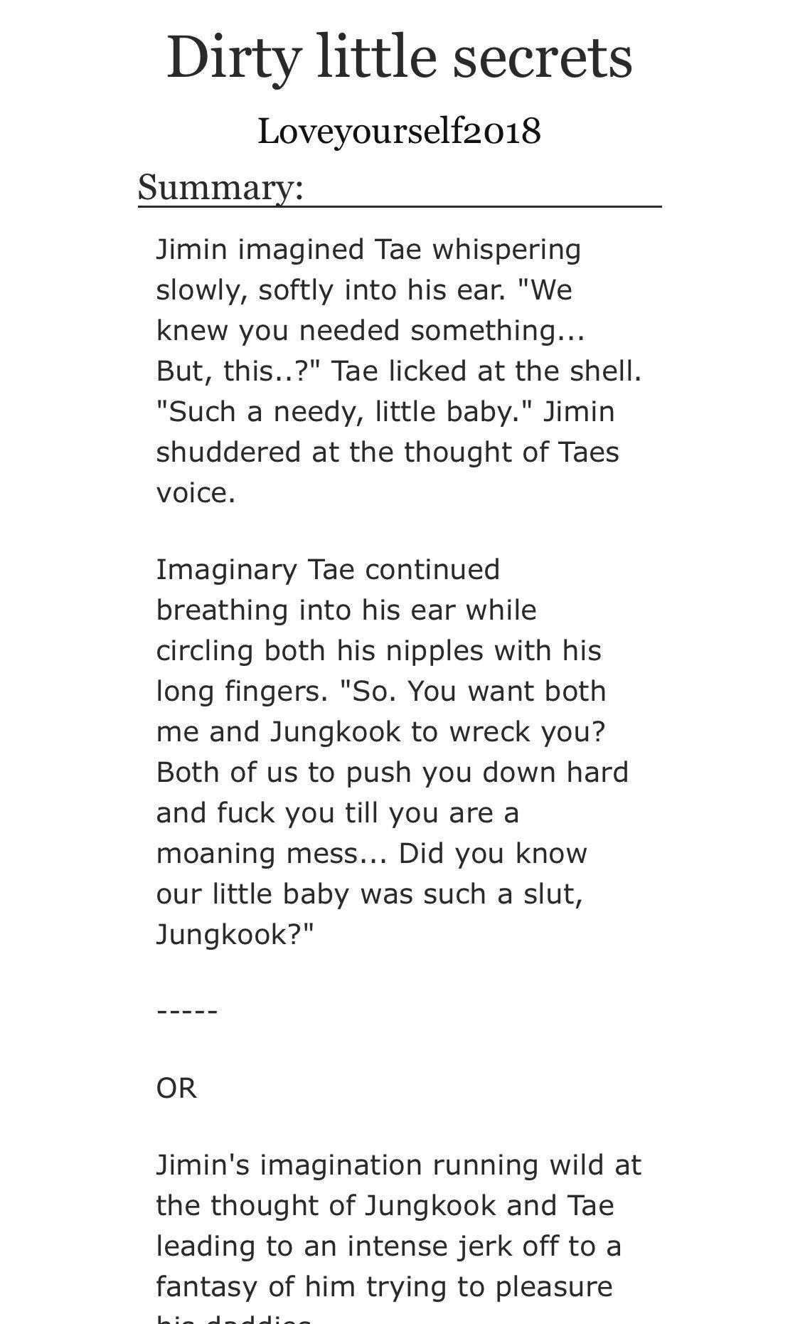 tiffanie on X: dirty little secrets —ship: vminkook —incomplete, doesnt  matter tho bc no plot —porn without plot —best threesome Ive ever read  —thank u @breadginny ig t.cocyoWAoDt9E t.co7zkH7IjQFc  X