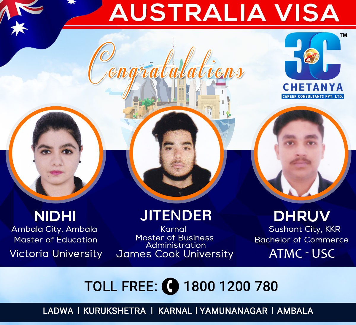 Many Congratulations to #Nidhi #Jitender #Dhurv on receiving the Study Visa for Australia. Best Wishes Guys for Your New Beginning..!!#ChetanyaCareerConsultants #StudyVisaAustralia #BestVisaConsultantsHaryana #BestIELTSInstituteHaryana #BestPTEInstituteHaryana