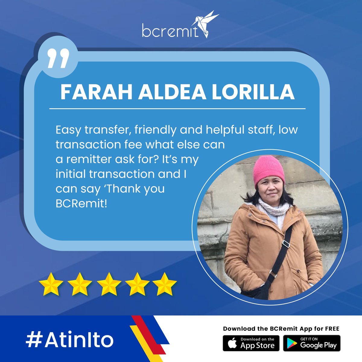 bcremit's tweet photo. Thank you so much Farah Aldea Lorilla for trusting BCRemit! <3

Experience convenience! Download our app here 👇
Google Play: https://t.co/3Zjwd8aHcy
App Store: https://t.co/62Pv2tZNMr

#AtinIto #BCRemit #MulaSaPilipinoParaSaPilipino https://t.co/U3kgKWWIH9