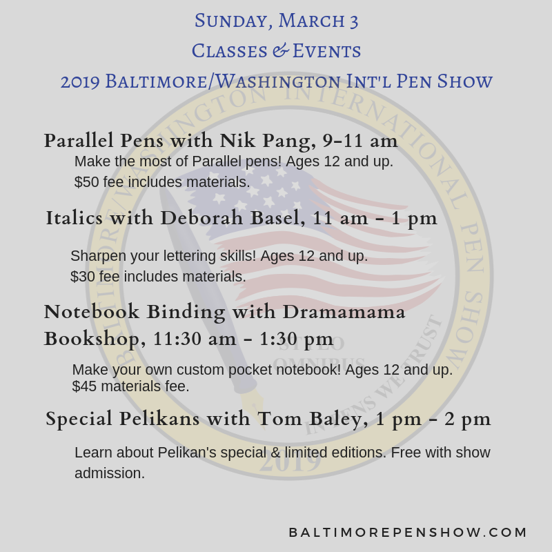 baltwashpenshow's tweet photo. Last day of #BWIPS2019 but we still have lots on the schedule, campers! See you bright & early! #BWIPSPenCamp #parallelpens #calligraphy #lettering #italics #notebookbinding #notebooks #penrestoration #fountainpens #kidfriendly #pens #penshow #Baltimore #WashingtonDC #DMV https://t.co/MLAvLWJRmK