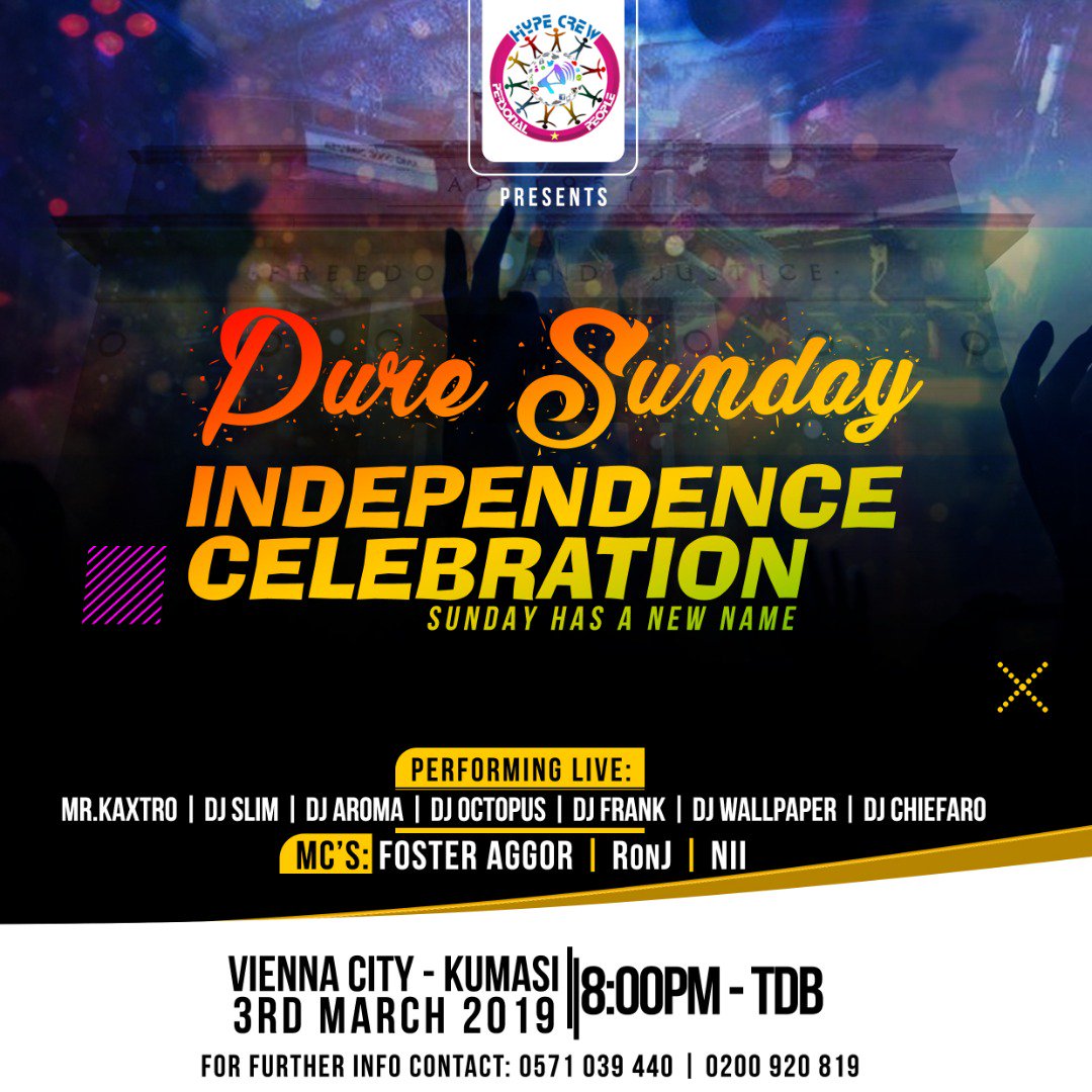 PpHypeCrew's tweet photo. Your Entertaining socializing monthly theme event happening first Sunday of every month is here again...
Sunday Has A New Name #PureSunday
Happening *today* 3rd of March 2019 at Vienna City Kumasi
Powered by @pphypecrew https://t.co/fOpkWQydfr