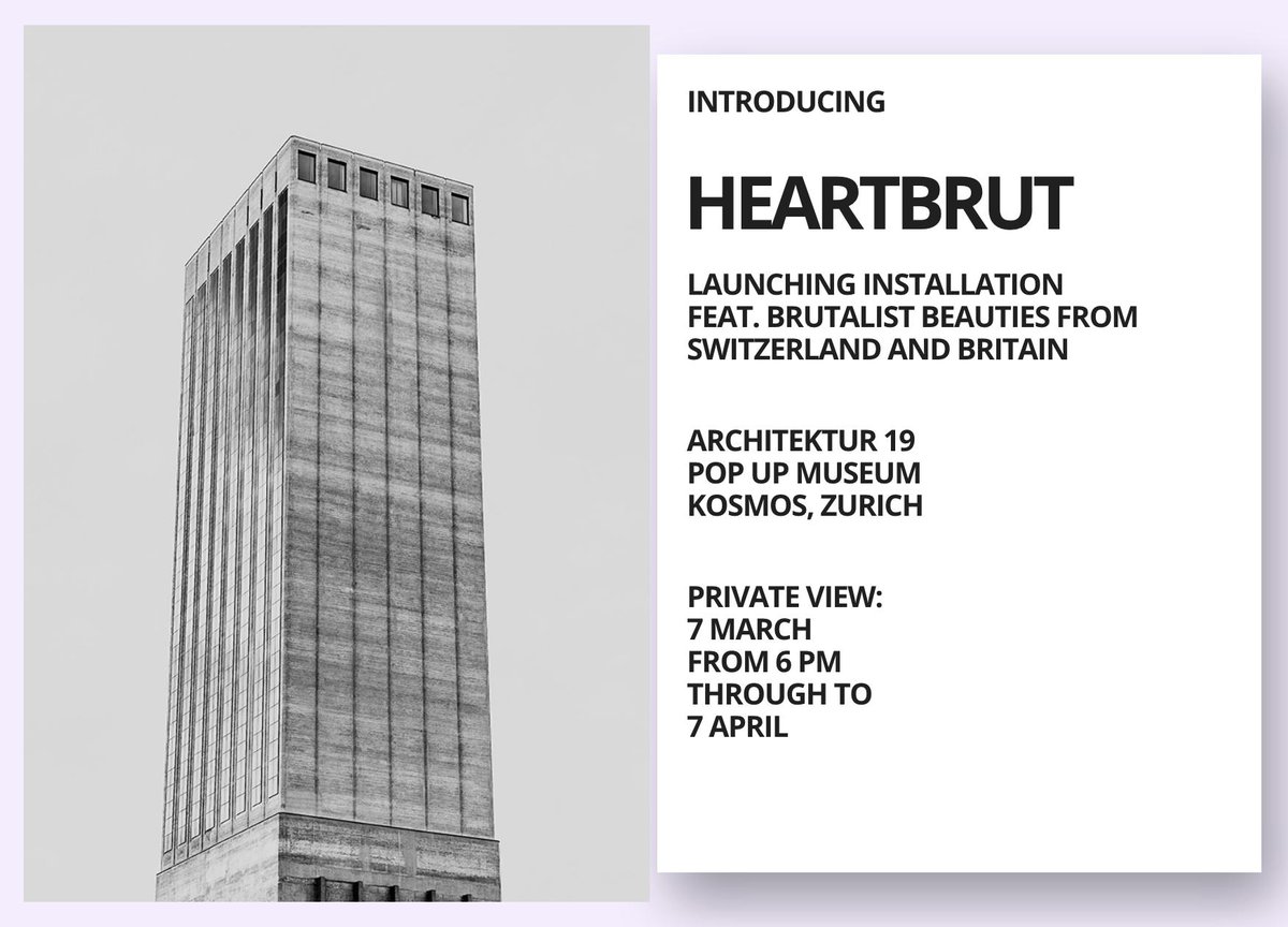 Heartbrut's tweet photo. I'm delighted to share big beautiful news with you: #brutalistbeauties go architektur19 in bold format installation HEARTBRUT Save the date 7.3. @architekturch #heartbrut https://t.co/lBgBAmuQ3i https://t.co/ZGiS8Z3e7q
