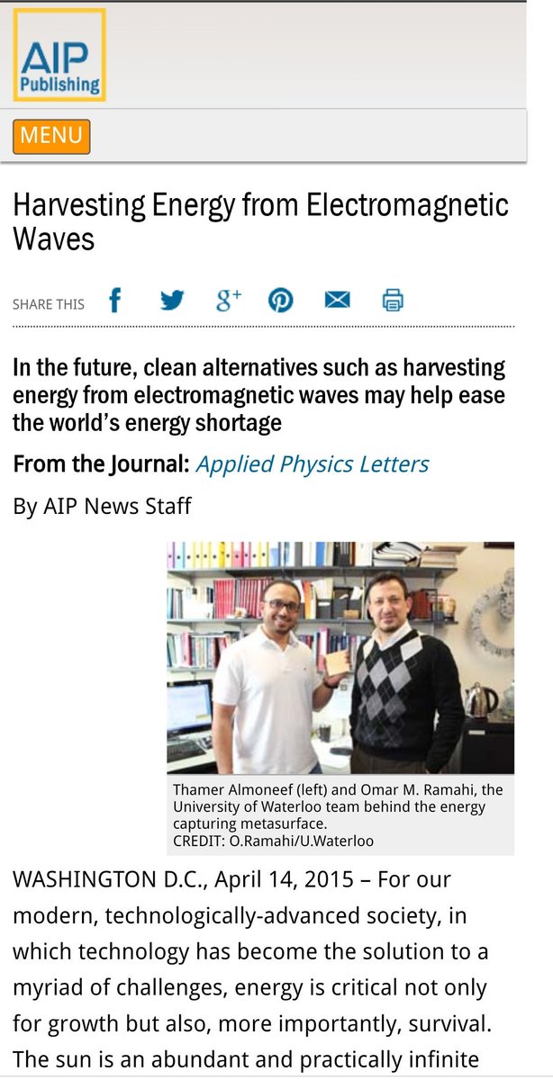 psauipo's tweet photo. اختيرت ورقته العلمية المعنونة 
(Metamaterial electromagnetic energy harvester with near unity efficiency)
 كأكثر الأوراق العلمية إثارة للمحتوى العلمي وأكثرها قراءه ��ي المجله العلميه 
Applied Physics Letters 
حيث تم تغطيتها إعلاميا في العديد من الصحف الأمريكية والكندية https://t.co/tCrLqggpVS