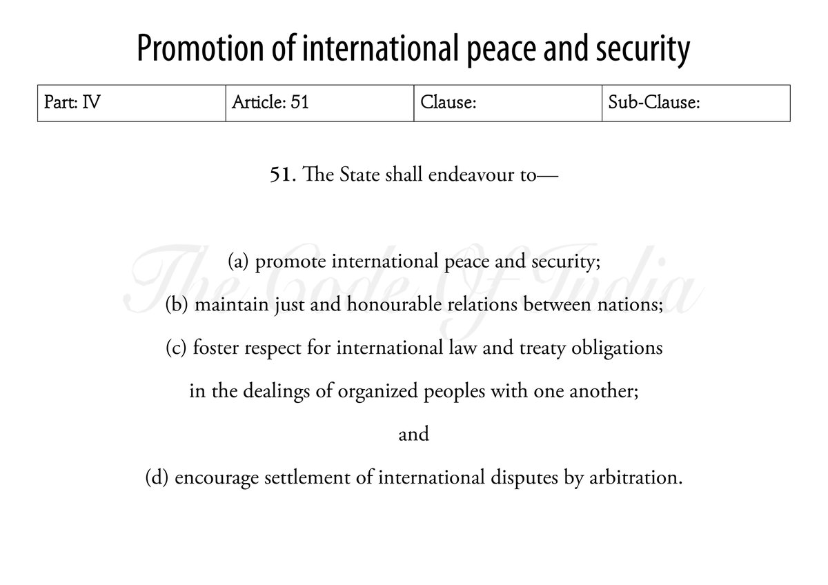 Promotion of international peace and security #Article51 #International #Peace #Security #Relations #Law #Treaty #Disputes #Part4 #DirectivePrinciplesOfStatePolicy #DPSP #DirectivePrinciples #India #TheConstitutionOfIndia #TheCodeOfIndia