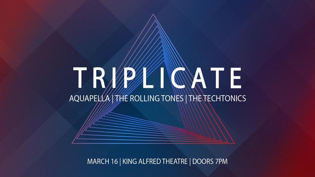 Aquapella (@aquapellabath) on Twitter photo TRIPLICATE
Join the past 3 ICCA UK Champions for a night of A Cappella you won't want to miss! We are beyond excited to be performing with <a href="/RollingTonesKCL/">The Rolling Tones</a> and <a href="/techtonicsIC/">The Techtonics</a> 💙
GET YOUR TICKETS NOW
bit.ly/TRIPLICATETIX TRIPLICATE
Join the past 3 ICCA UK Champions for a night of A Cappella you won't want to miss! We are beyond excited to be performing with <a href="/RollingTonesKCL/">The Rolling Tones</a> and <a href="/techtonicsIC/">The Techtonics</a> 💙
GET YOUR TICKETS NOW
bit.ly/TRIPLICATETIX