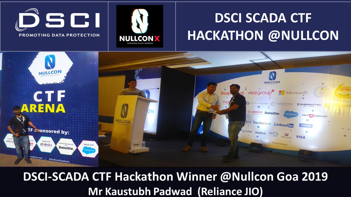 DSCI_Connect's tweet photo. #DSCI #HACKATHON #WINNER #NULLCON2019 #GOA. Announcing the Winner of DSCI #SCADA CTF Hackathon: Mr Kaustubh Padwad (Reliance Jio). DSCI CTF Hackathon based on the #SCADA Systems witnessed extensive participation from #Industry & #Academia. #CyberSecurity #IndustryDevelopment https://t.co/YhpnqNCU13