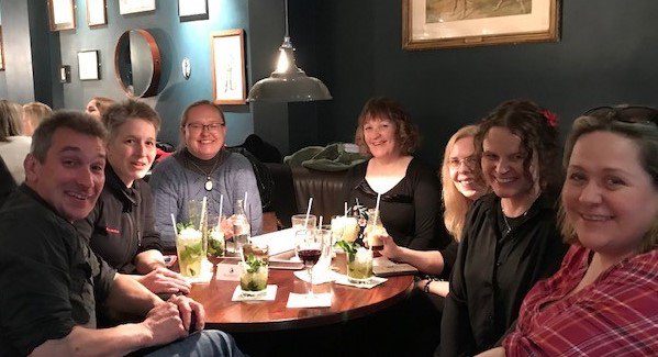 LouiseWalters12's tweet photo. Talent round a table in a cocktail bar. We had a ball celebrating the launch of The Last Words of Madeleine Anderson. Bookish people are my favourite people! @DominicBrownlow, @writeleighso, @LLaaksoWriter, @AlisonEditor1, @Jemima_Mae_7, Moi, @HelloSerifim. Cocktails a-go-go! https://t.co/Px3vIwTsAd