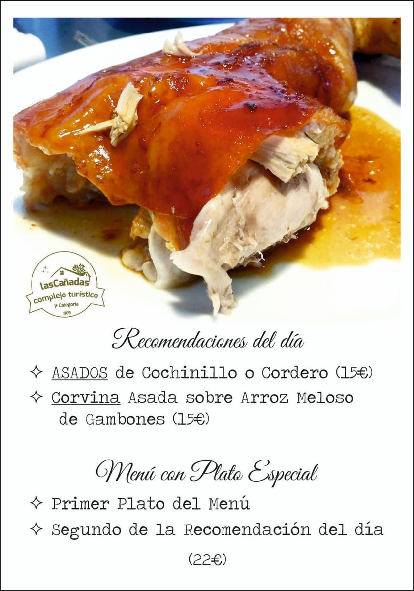 ~Hoy ESPECIAL ASADOS en LAS CAÑADAS~
Disfruta de un asado de cochinillo o cordero al estilo tradicional, también del pescado recomendado del día. 
Llámanos y Reserva tu mesa 
927 481126~639 38 40 35
#Hervas #caceres #bañosdemontemayor
#extremadura #nortedecaceres 
#Carnaval2019