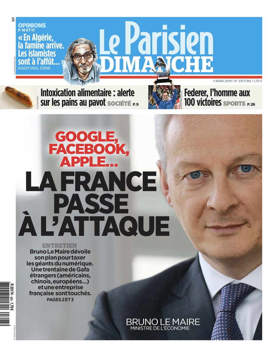BrunoLeMaire's tweet photo. Taxer les géants du numérique est une question de justice fiscale. Un projet de loi sera présenté mercredi. Retrouvez le projet détaillé du gouvernement et mon interview dans @le_Parisien ➡️ https://t.co/zjtE1nYDWF https://t.co/vDebhE9eD9