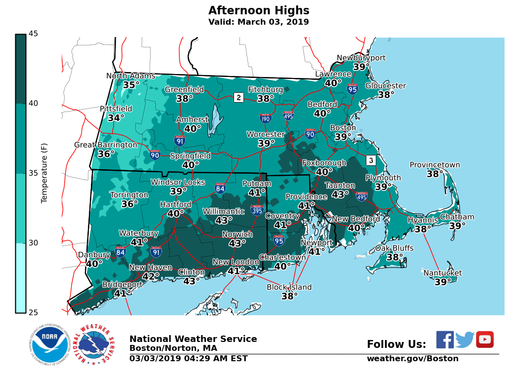 NWSBoston's tweet photo. We get a short breather today, with morning sunshine and temperatures climbing to around 40. Clouds move back in this afternoon. A winter storm moving up the coast will spread several inches of snow over the region tonight, which will likely affect the Monday morning commute. https://t.co/Id9aLTaV9b