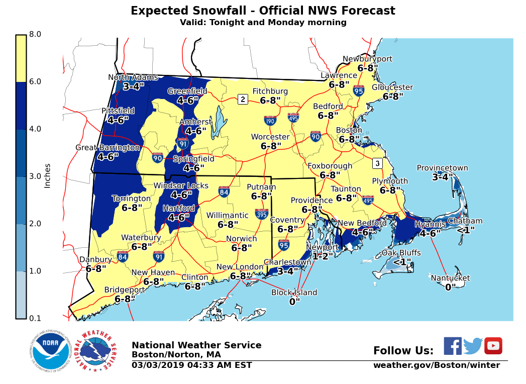 NWSBoston's tweet photo. We get a short breather today, with morning sunshine and temperatures climbing to around 40. Clouds move back in this afternoon. A winter storm moving up the coast will spread several inches of snow over the region tonight, which will likely affect the Monday morning commute. https://t.co/Id9aLTaV9b