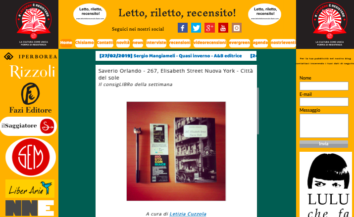 LettoRilettoRec's tweet photo. Il #ConsigLIBRO della settimana a cura di @Leta_C è
"267, Elisabeth Street Nuova York" di Saverio Orlando @cdsedizioni Città del Sole edizioni
https://t.co/k511lcOTyt
@Marti141216
@LibroeTe
@Irrequieto_eu
@LuciaLibri
@letteratume
#casalettori #CulturaCondivisa #lovebooks https://t.co/D0FA49nHXu