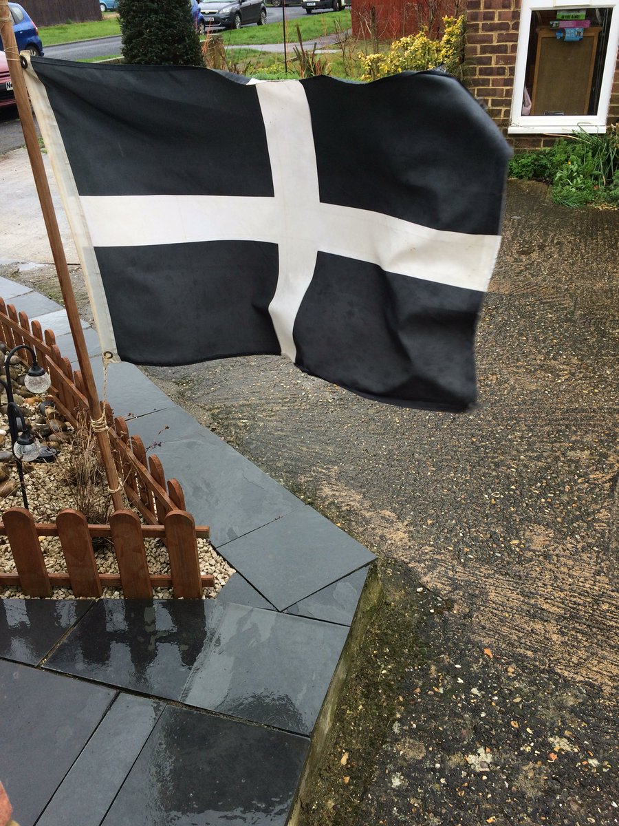 TrePau's tweet photo. Only 2 days before #nationalholiday of #StPiransDay we have our flag out ready to celebrate with #hogspudding #tiddyoggie and #saffroncake https://t.co/qpNl3hmA96