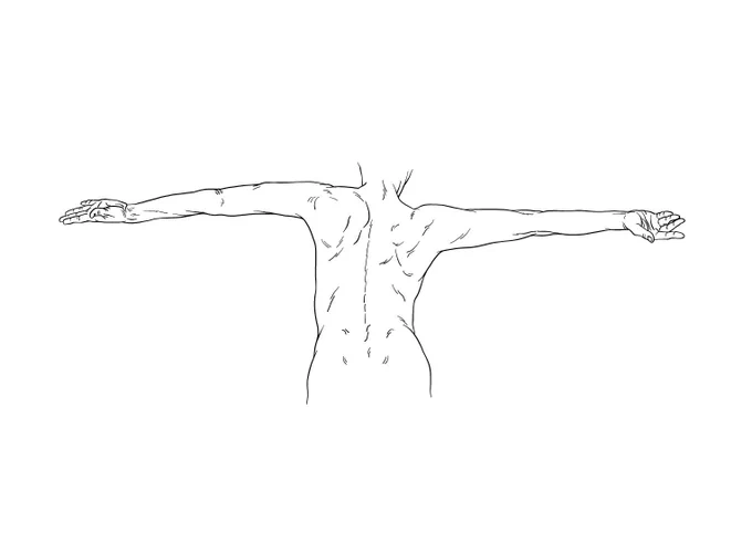 ミケランジェロの磔刑像のスケッチに回旋方向が左右の腕で逆になっているものがある。実際にやってみると左右の肩で段差が生じるようだ。内旋した腕で肩が高くなる。 