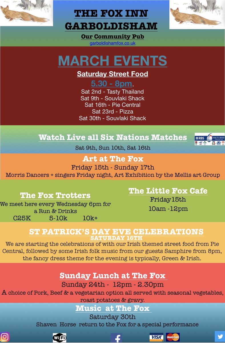 FoxGarboldisham's tweet photo. Time to share what’s coming up here #March #music #streetfood #ArtExhibition #Sundaylunch #6nations #running #StPatricksWeekend #Littlefoxcafe Phew might need a #holiday after this. BREAKING NEWS, we are now Cider pub of 2019 for Mid Anglia #camra #Garboldisham #Norfolk MTF 🦊🍻 https://t.co/VnrYVlQAgQ