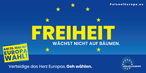 PulseofEurope's tweet photo. #Europawahl 2019: Was immer du wählst, wähl Europa!
#PulseofEurope startet durch, denn am 26. Mai entscheiden wir über unsere Zukunft. Wir wollen sie nicht dem Zufall überlassen. Freiheit wächst nicht auf Bäumen! #RunterVomSofa, geht wählen - proeuropäische Parteien.
#VoteEurope https://t.co/4yyNuJGr5Y