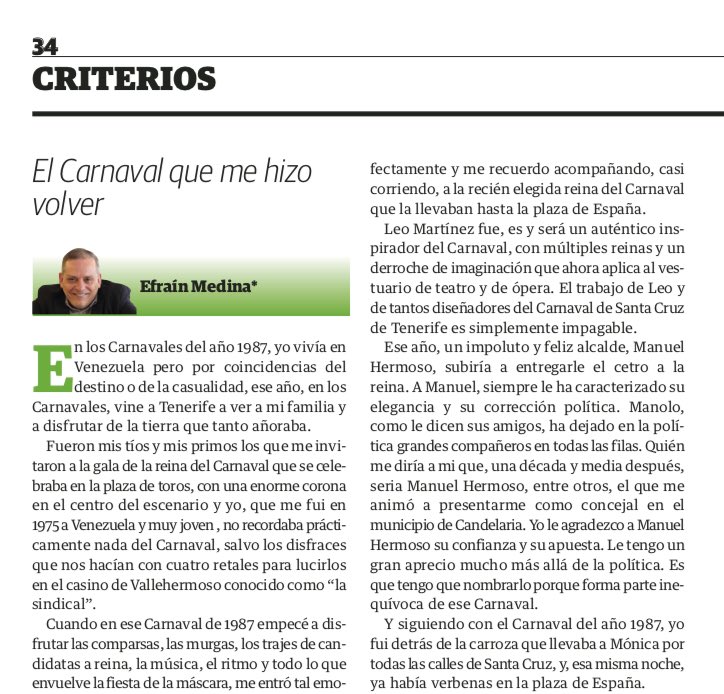 Hoy <a href="/efraincan/">Efraín Medina Hdez.</a> reúne a amigos del carnaval, de Tenerife y de su historia. Léelo completo en <a href="/eldiaes/">¿Qué día es hoy?</a> y te encontrarás con #ManuelHermoso @leomartinez_designer @monicaraquelestevez #tajaraste y #lagarriga @paseandoxsantacruz