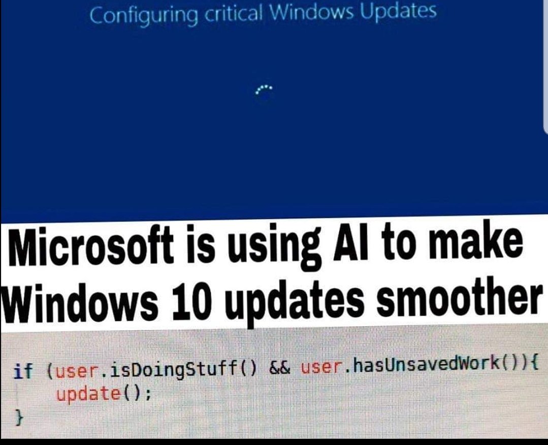AskBruzzDotCom's tweet photo. Ecco il segreto dietro l'IA per gli Update di Microsoft Windows 10 🤣😂😁
#windowstore #microsoftedu #windows10 #windowshades #windowseries #windowshutters #microsoftlife #microsoftstore #microsoftsurface #liveupdate #windows #updates #windowside #updateinfo #microsoft #update https://t.co/Sjtq8SnUCM