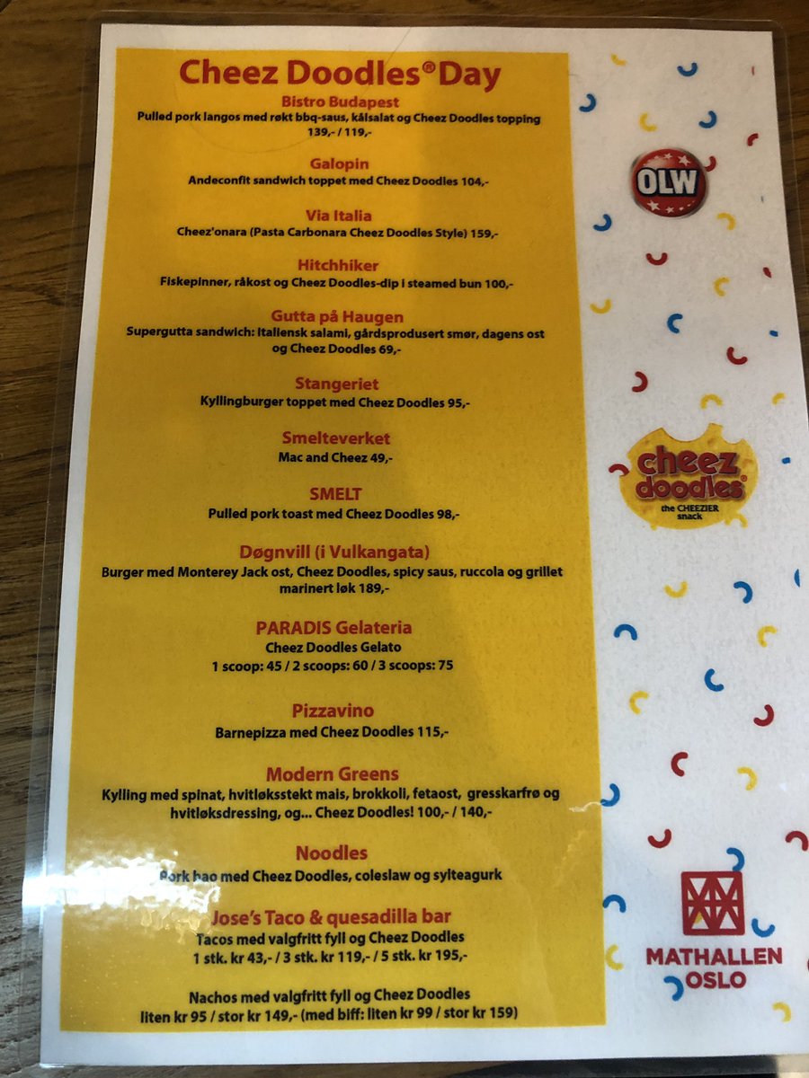 Happy Cheez Doodle day. I dag er det cheez doodle som gjelder i Mathallen. Vi har satt opp en egen meny og deler ut doodles til alle. Legg turen innom i dag og finn din favoritt #cheezdoodleday #owl #Mathallenoslo #cravingfood #musthave