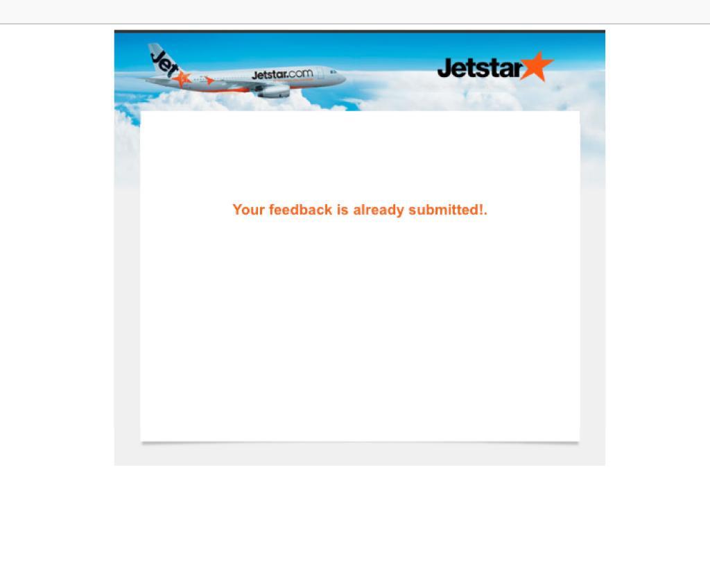 MannatJuneja's tweet photo. @Jetstar_Asia @JetstarNews after our terribleon your end) conversation with your customer care service, we received an email for feedback. As we opened the link to share our thoughts,it said the feedback already submitted where we hadn't even submitted anything. https://t.co/5Tiy3aZKCt