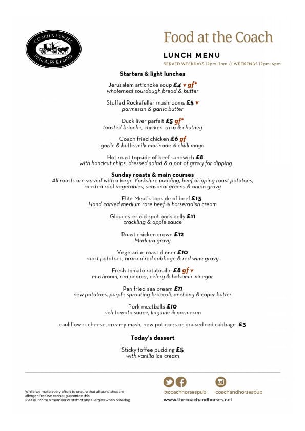 Today's Sunday lunch menu served between 12 &amp; 4pm