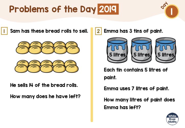 WhiteRoseEd's tweet photo. It’s that time of year again! 
⭐️ March Problems of the Day ⭐️ 
The orange problems are aimed at KS1 and the blue problems are aimed at KS2 but feel free to use them flexibly with your children. Don’t forget to share your solutions! Good luck https://t.co/ODTTzP7Jie https://t.co/t8gpKEWKi0