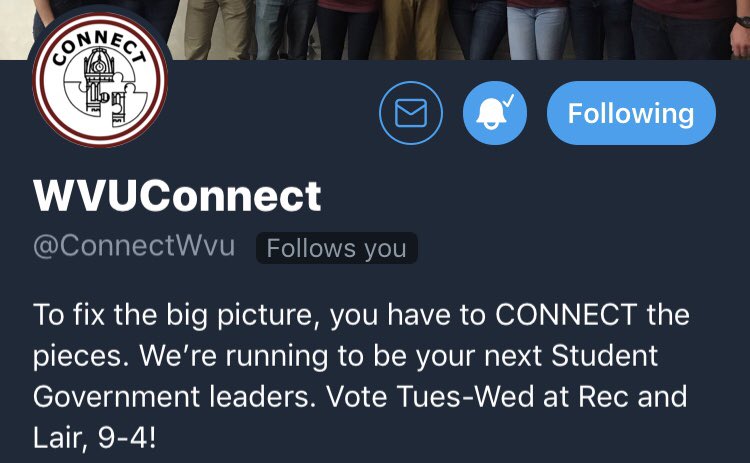 _kevindonnelly_'s tweet photo. This isn’t LinkedIn, but Let’s Connect😎 Follow @ConnectWvu to hear more about our wonderful campaign over the next few days, and remember to #VoteConnect on Tuesday and Wednesday from 9 to 4!🗳 https://t.co/uyiUF5V9dK