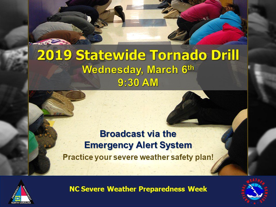 NWSRaleigh's tweet photo. North Carolina’s annual statewide tornado drill for 2019 will take place on Wednesday, March 6, at 9:30 AM EST.  Every school, business, work place, and family across the state is strongly encouraged to participate in the statewide tornado drill. https://t.co/HwnPSJ13zb