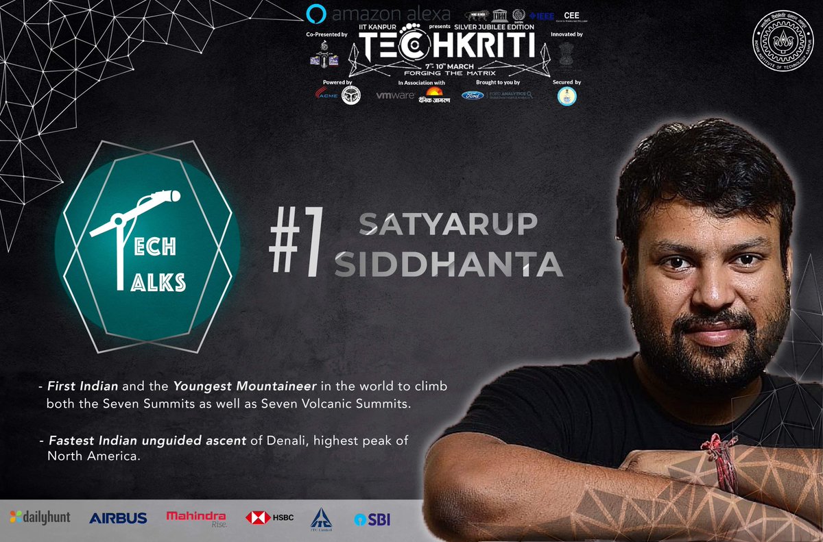 techkriti_iitk's tweet photo. Presenting you Tech Talk #7 by Mr. Satyarup Siddhanta. Kolkata mountaineer named in the Guinness Book of World Records, @SatyarupS Satyarup Siddhanta.

To be part of it, register at https://t.co/3G6ubmg5hZ.

#Talks
#Techkriti19
#SilverJubilee
#ForgingtheMatrix
#IITKanpur https://t.co/kDYUvBLAvG