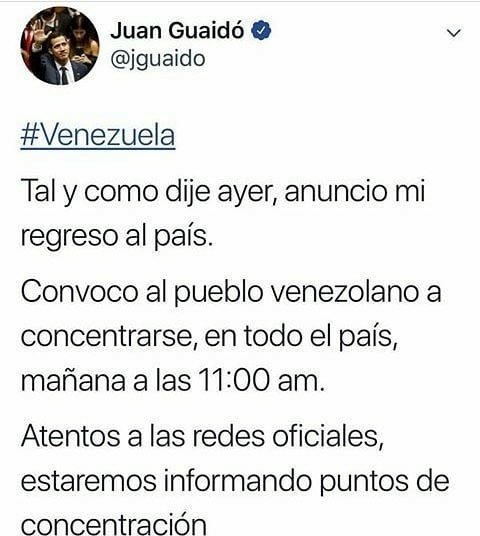 GRRuizVE's tweet photo. Nuestros Presidente (E) @jguaido anuncia su regreso al país. Nos hace el llamado a una gran movilización a nivel nacional para respaldar su regreso.

Todos atentos a las redes sociales. https://t.co/ChTlNe4ghy
