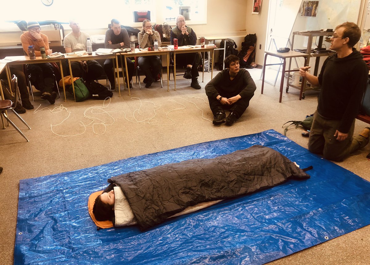 Learning how to treat mild hypothermia by creating a “human burrito”.  BIG learning for all who joined our #wildernessmedicine course last week with <a href="/wildmed/">Wilderness Medical Associates</a> .  @sd47_board