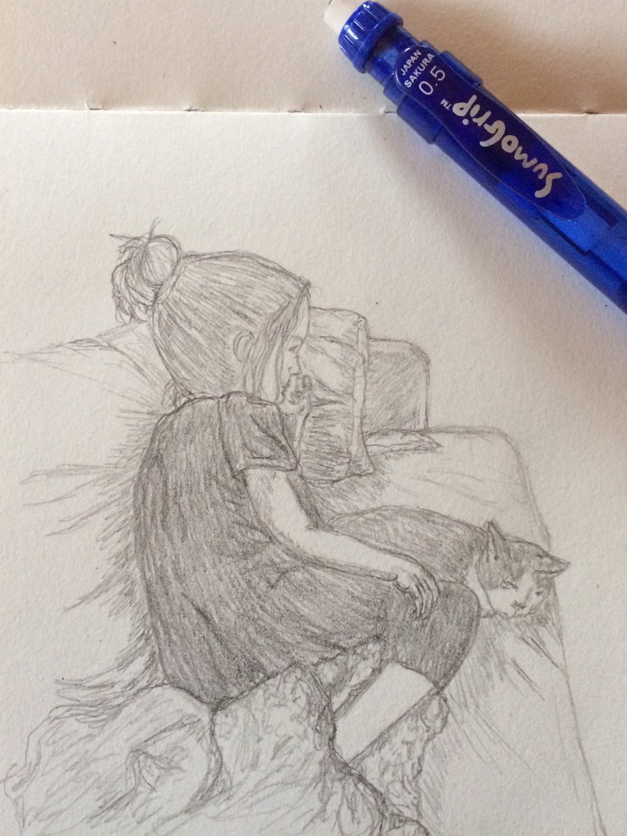 FatCrowPress's tweet photo. A rainy day sketch of my niece Autumn and her cat UrnaMae. My sister sent me the picture and i had to draw it. #childrensillustration #illustration #fatcrowpress https://t.co/wlB56BZRW7