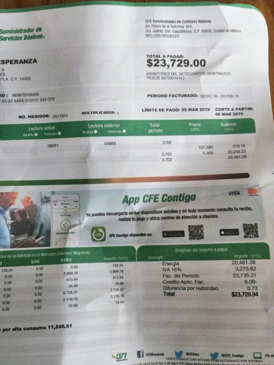 JhoVzkz's tweet photo. Qué pasó aquí? @CFEmx @CFE_Contigo @AtencionProfeco @TlalpanVecinos no pagaba más de $200 pesos y ahora me llegó de $23 729 pesos. #RoboCFE https://t.co/AIwGgtSO8c