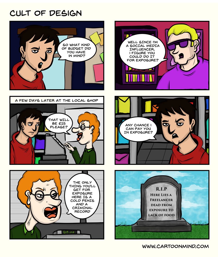 cartoon_mind's tweet photo. Webcomic I drew about working as #freelancer and being asked to work for #exposure! #stopworkingforfree #freelance #designfail #webcomic https://t.co/s8ePYbvGf5