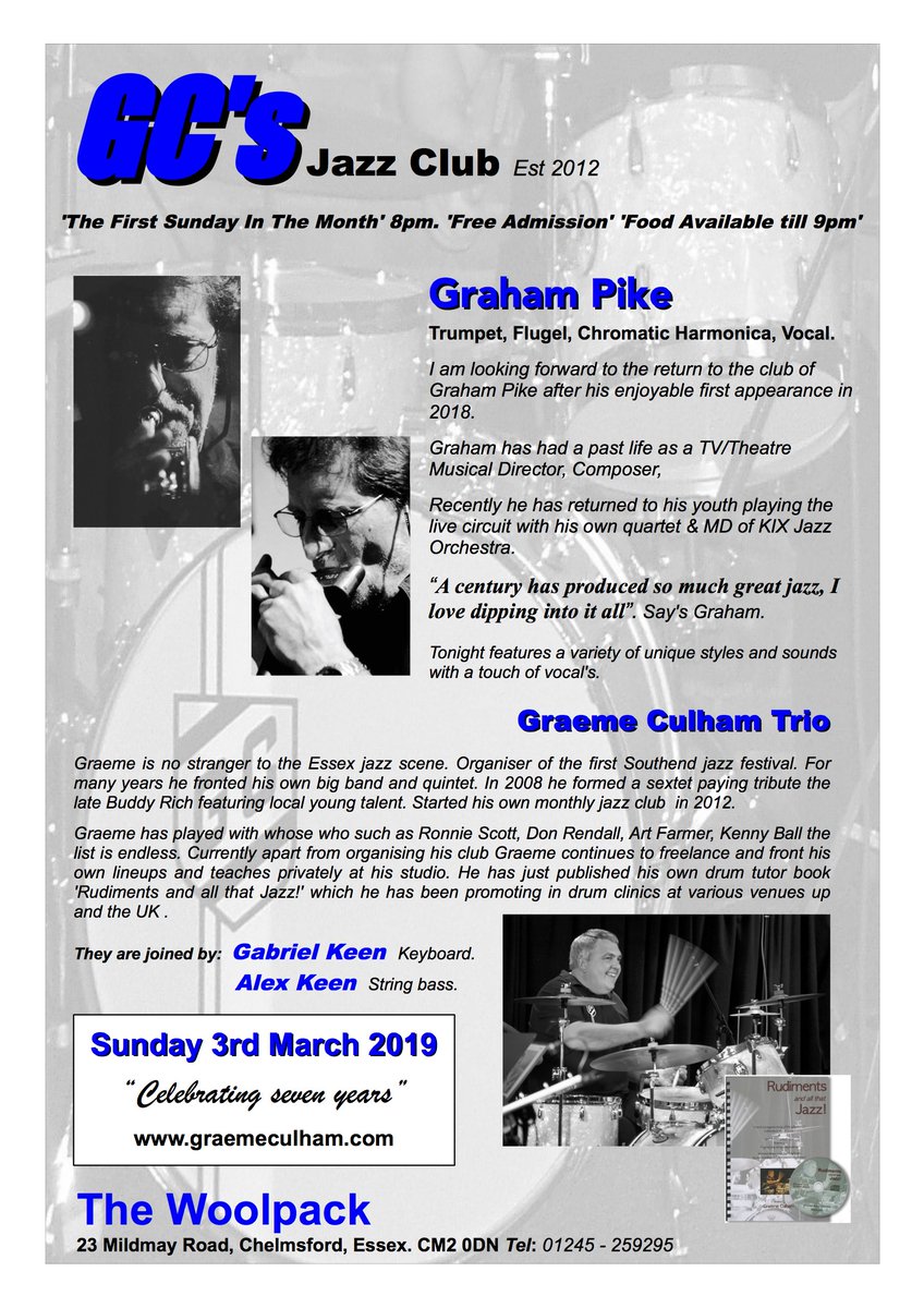 GraemeCulham's tweet photo. Checkout Graham Pike #Trumpet #Flugelhorn #ChromaticHarmonica #Vocals with the Graeme Culham Trio #Drums #jazz at GC's #jazzclub @WoolpackEssex Sunday 3rd March 2019 #music 8pm, Free Admission. Food Avaliable. https://t.co/OqkmZX2DXQ