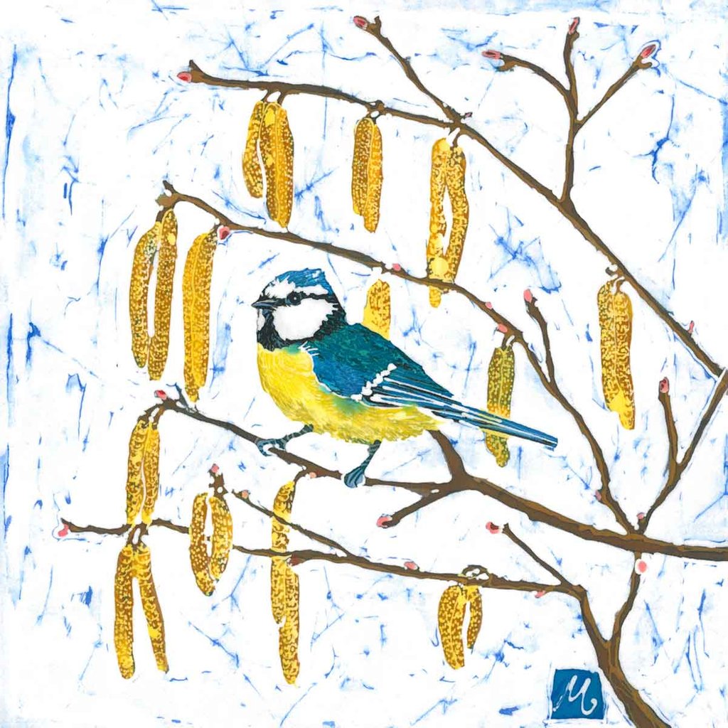 king_therese's tweet photo. Taken from my original batik which uses traditional ancient Indonesia techniques of laying hot wax and water based dyes to create a vibrant painting. Blue tits are a sign of early spring, this colourful blue and yellow bird lives hopping about amongst catkins.  #tomtit #bluetit https://t.co/29uqnFtLh9