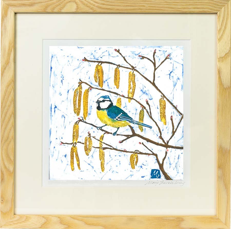 king_therese's tweet photo. Taken from my original batik which uses traditional ancient Indonesia techniques of laying hot wax and water based dyes to create a vibrant painting. Blue tits are a sign of early spring, this colourful blue and yellow bird lives hopping about amongst catkins.  #tomtit #bluetit https://t.co/29uqnFtLh9