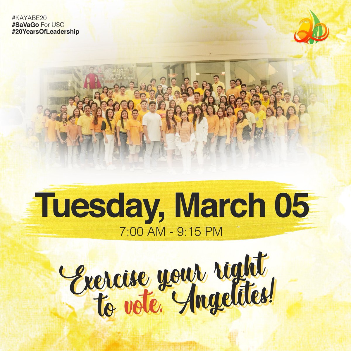 KayabeHAU's tweet photo. Angelites, on Tuesday, March 05 don't forget to exercise your right to vote and be PART OF THE CHANGE!
#SaVaGo for University Student Council.
#KAYABE20
#LeadTowardsCHANGE https://t.co/ttzEmb7lY3