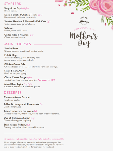 Celebrate Mother's Day with us! 🌸 Enjoy our special set menu when you book a table on Sunday 31st March. With vegetarian and vegan options, there is something on the menu for everyone. If you're interested, please contact us directly on 0117 951 3022, wellington@bathales.co.uk.