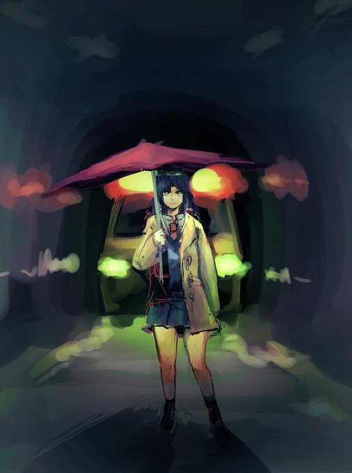 描きかけ。歩行者トンネルの出口で待ち受ける黄色い救急車的なやつ 