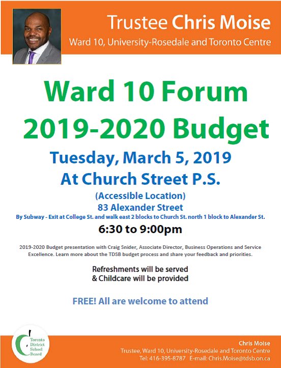 PsPalmerston's tweet photo. Ward 10 Forum Mtg March 5 at Church St PS at 6:30PM. Topic is 2019-20 Budget. https://t.co/Fy74t5TvzT