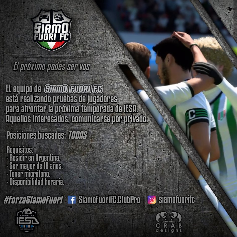 FcSiamo's tweet photo. 🎮 El equipo de Siamo Fuori FC se encuentra reclutando jugadores

POSICIONES BUSCADAS:
📌 Portero - PO
📌 Defensa Central - DFC

⚠ Requesitos:
✅ +18 años
✅ Buena conexión
✅ Disponibilidad horaria
✅ Microfono

@IESA_fichajes @IESAArgentina se agradece RT https://t.co/AYPFC9SvIk