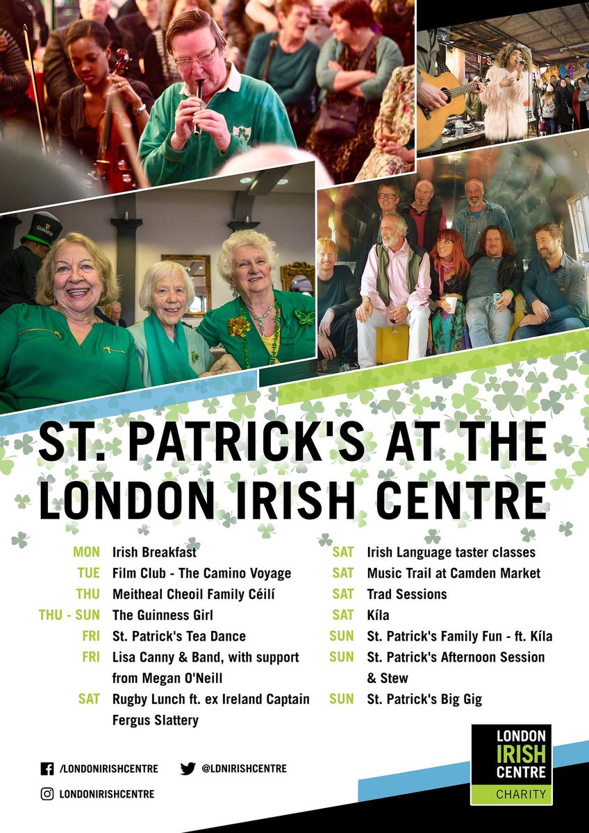 LDNIrishCentre's tweet photo. Here it is!! 🙌🏻
Our FULL Line-up for St.Patrick’s 2019! ☘️
We have a full week jam-packed with events for all ages!
Irish breakfasts, Kila, Family Fun Days, Film Clubs and much much more!
Book now: https://t.co/JWKLpc8hDr https://t.co/yq05yxttzT