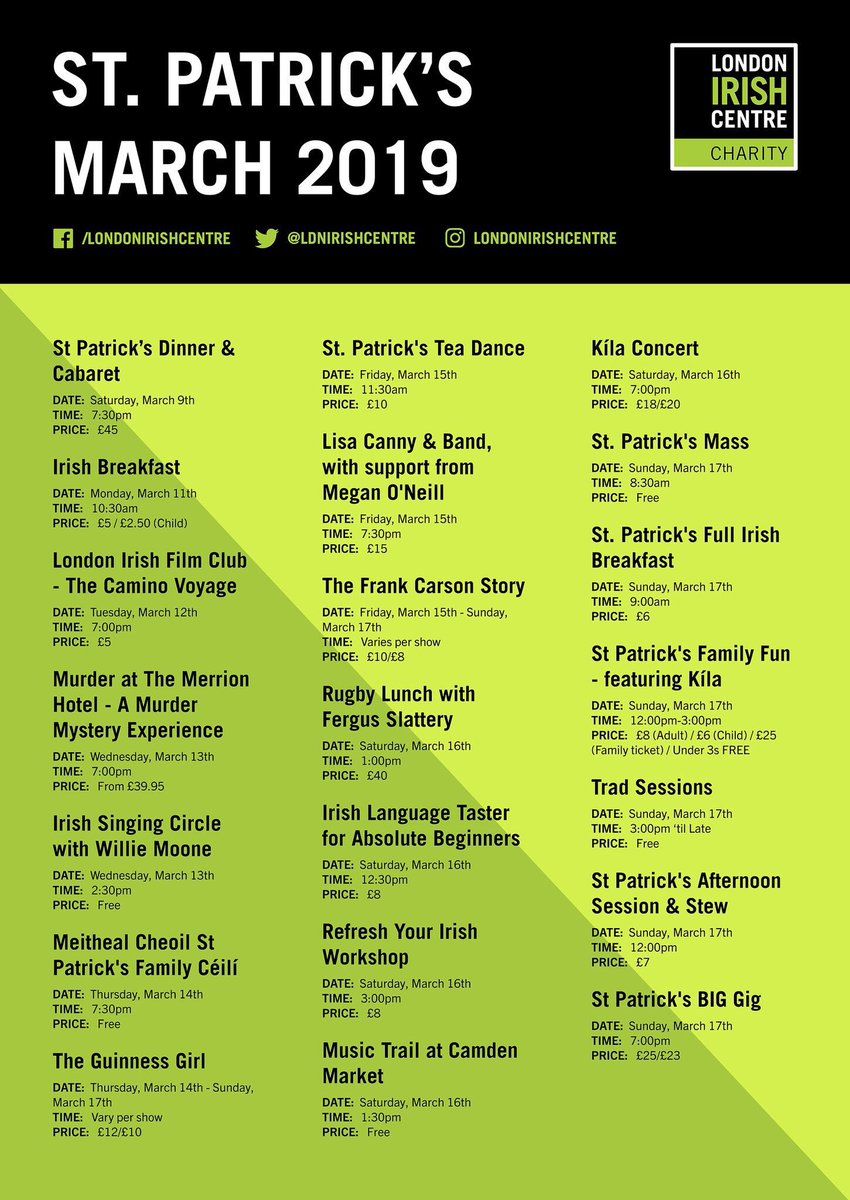 LDNIrishCentre's tweet photo. Here it is!! 🙌🏻
Our FULL Line-up for St.Patrick’s 2019! ☘️
We have a full week jam-packed with events for all ages!
Irish breakfasts, Kila, Family Fun Days, Film Clubs and much much more!
Book now: https://t.co/JWKLpc8hDr https://t.co/yq05yxttzT